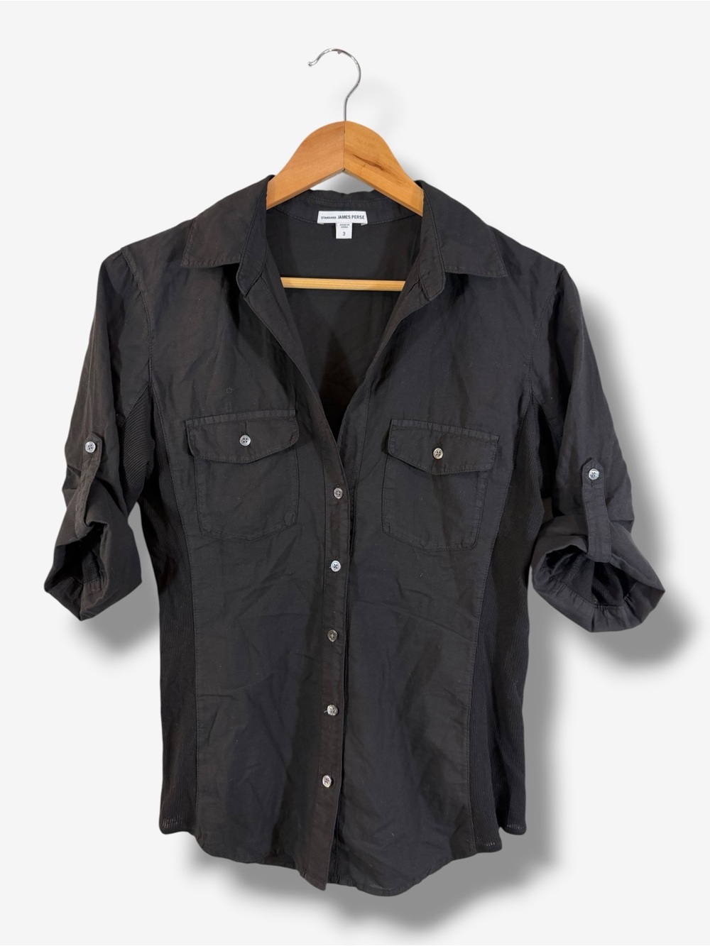 James Perse Contrast Panel Shirt Size 3 (US L) Black Button Down Minimalist